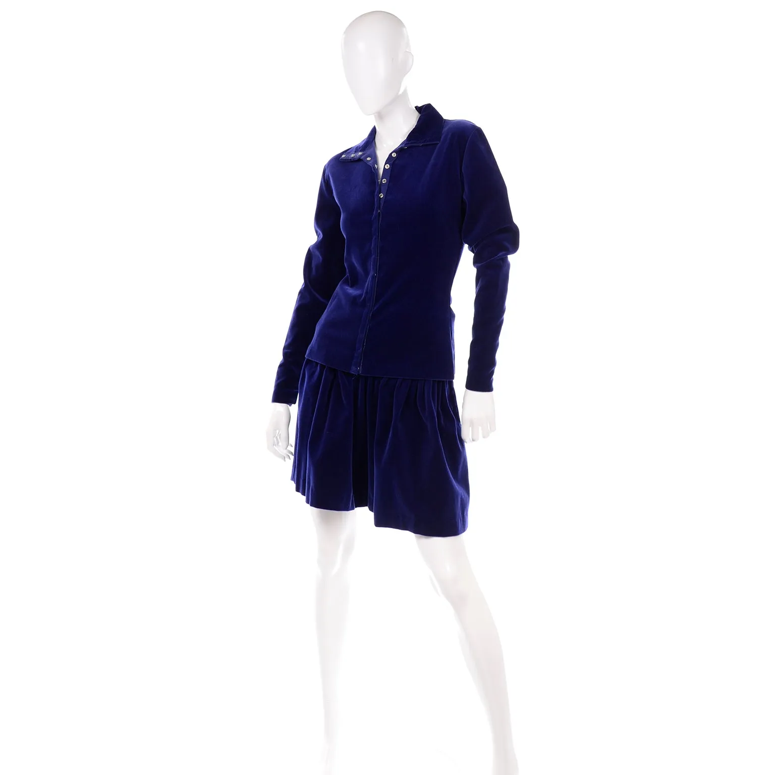 1980s Norma Kamali Blue Velvet Snap Top & Evening Skirt