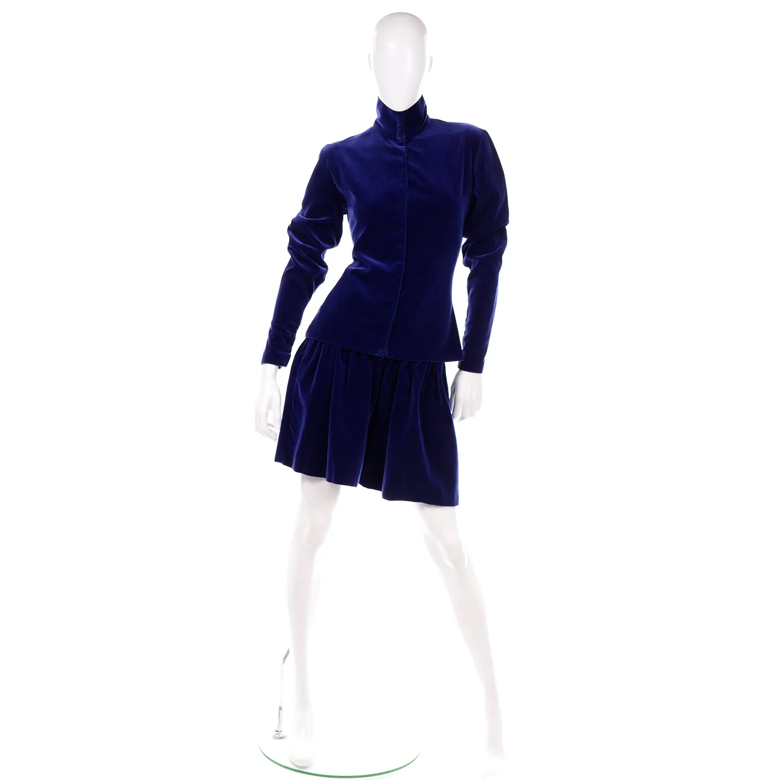 1980s Norma Kamali Blue Velvet Snap Top & Evening Skirt