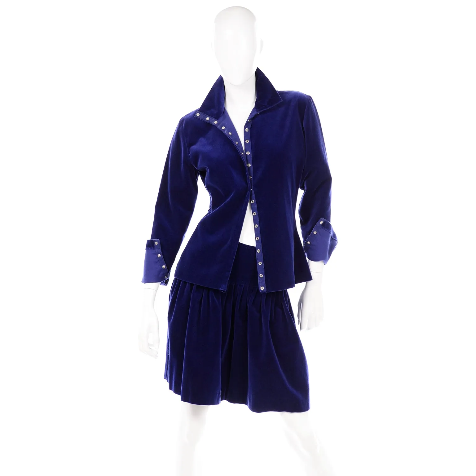 1980s Norma Kamali Blue Velvet Snap Top & Evening Skirt