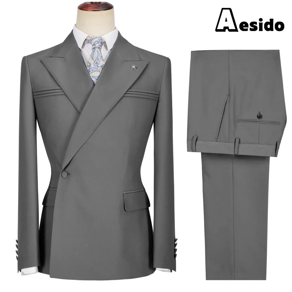 2 Pieces Business Mens Suit Slim Fit Peak Lapel Flat Blazer For Wedding (Blazer   Pants)