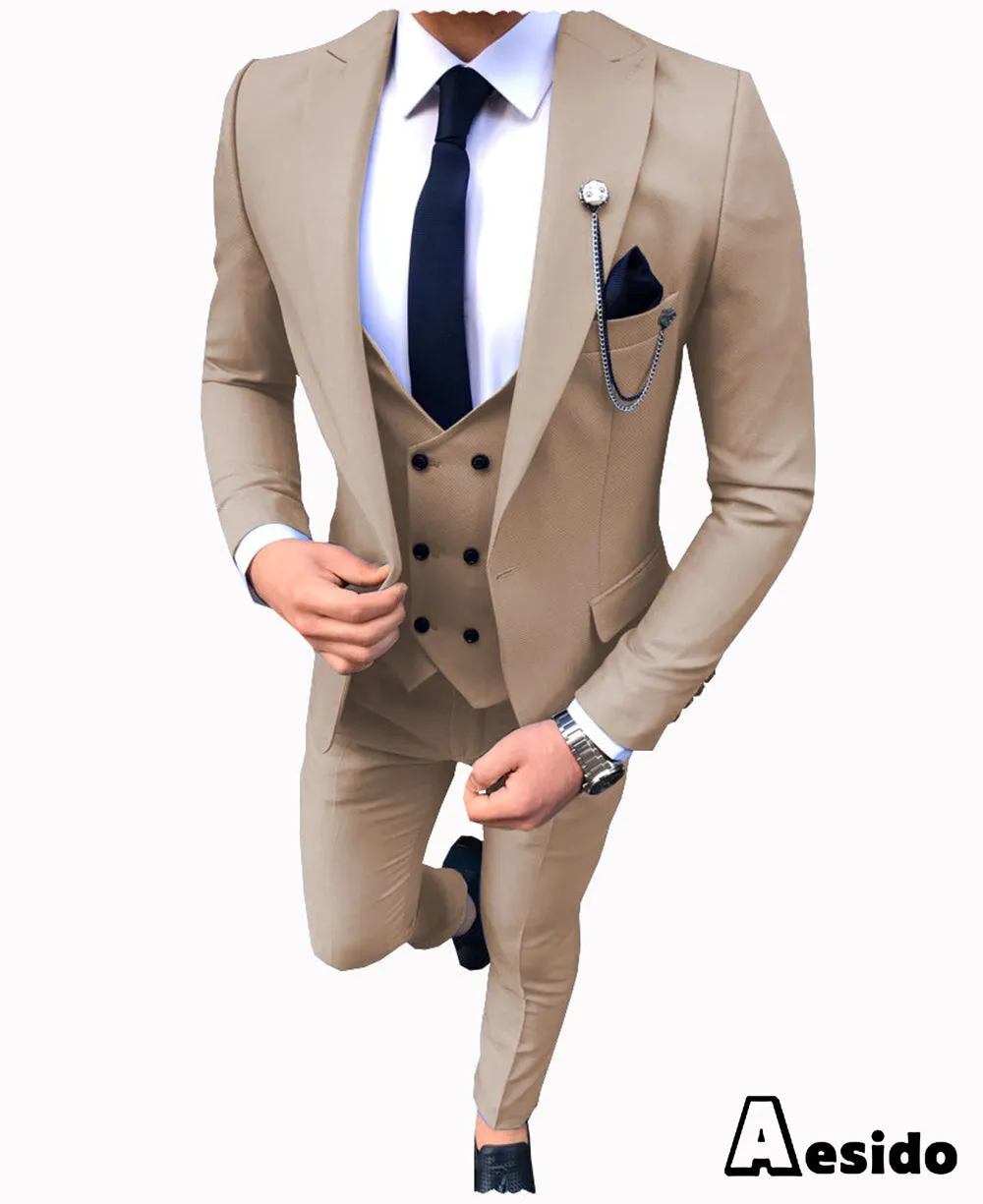 3 Pieces Business Mens Suit Slim Fit Notch Lapel Flat Blazer For Wedding (Blazer vest Pants)