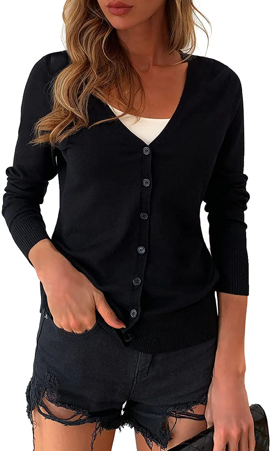 a.Jesdani Women's Button Down Crew Neck Long Sleeve Soft Knit Cardigan Sweaters