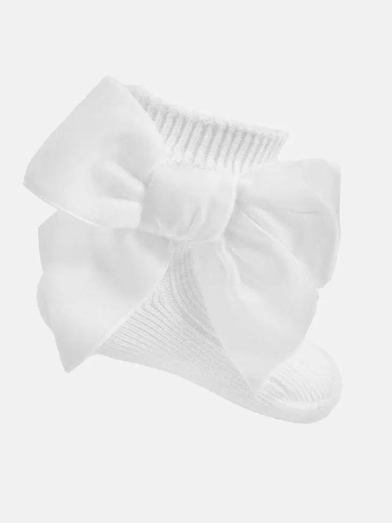 Baby Girl Ribbed Ankle Socks with Large Velvet Bow - White