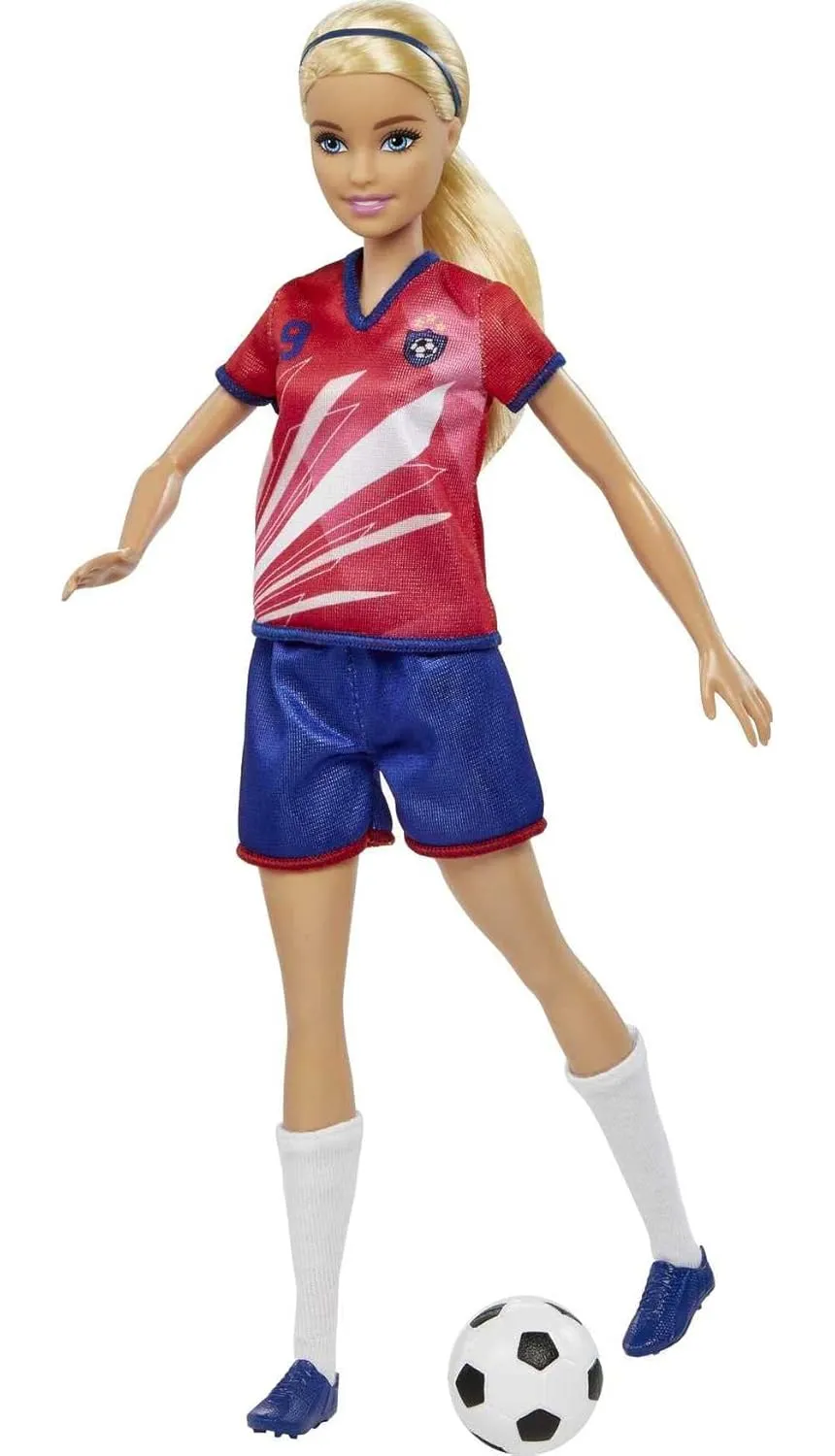 Barbie Soccer Blonde Hair Ponytail Doll with Colorful #9 Uniform, Soccer Ball, Cleats, Tall Socks, Great Sports-Inspired Gift for Ages 3 and Up