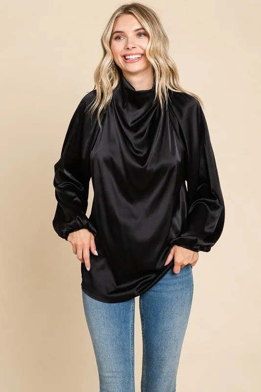 Black Cowl Neck Long Sleeve Satin Blouse Top