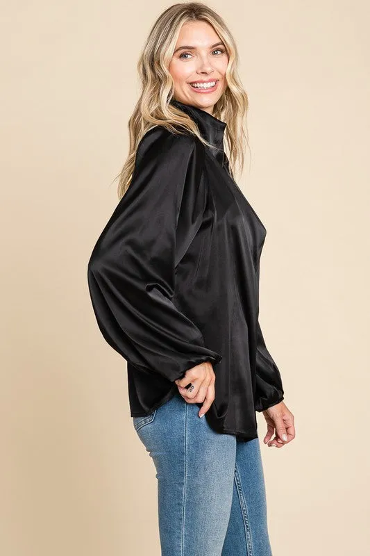 Black Cowl Neck Long Sleeve Satin Blouse Top