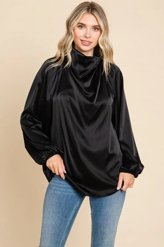 Black Cowl Neck Long Sleeve Satin Blouse Top