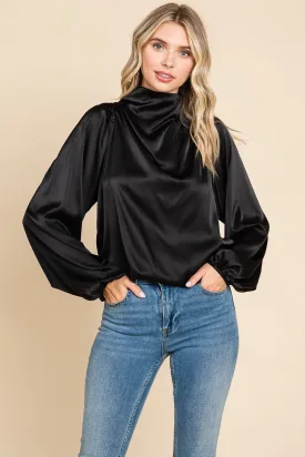 Black Cowl Neck Long Sleeve Satin Blouse Top