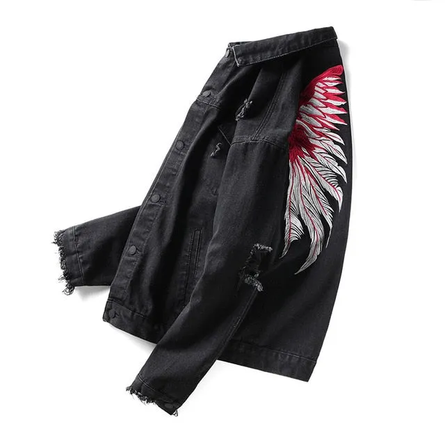 Black Hole Distressed Denim Jackets Mens High Street Wing Streetwear