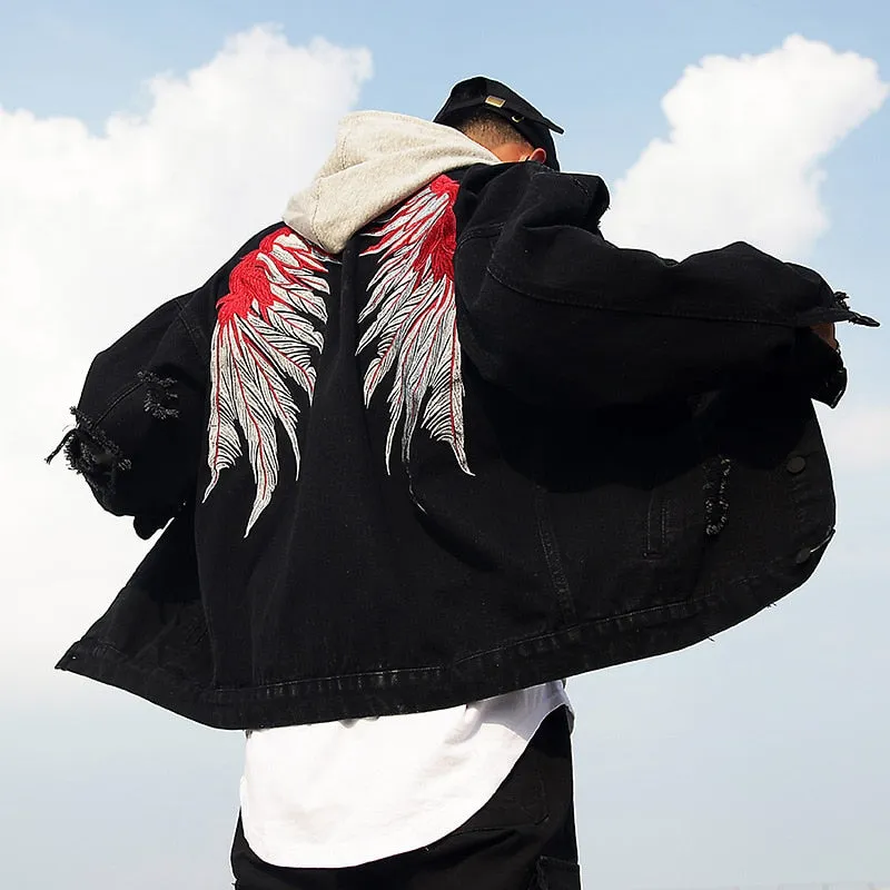 Black Hole Distressed Denim Jackets Mens High Street Wing Streetwear