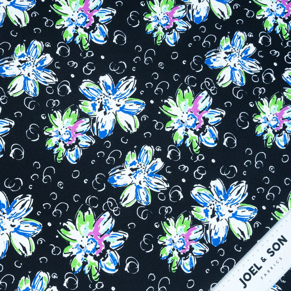 Blue & Green Floral Printed Black Silk Satin