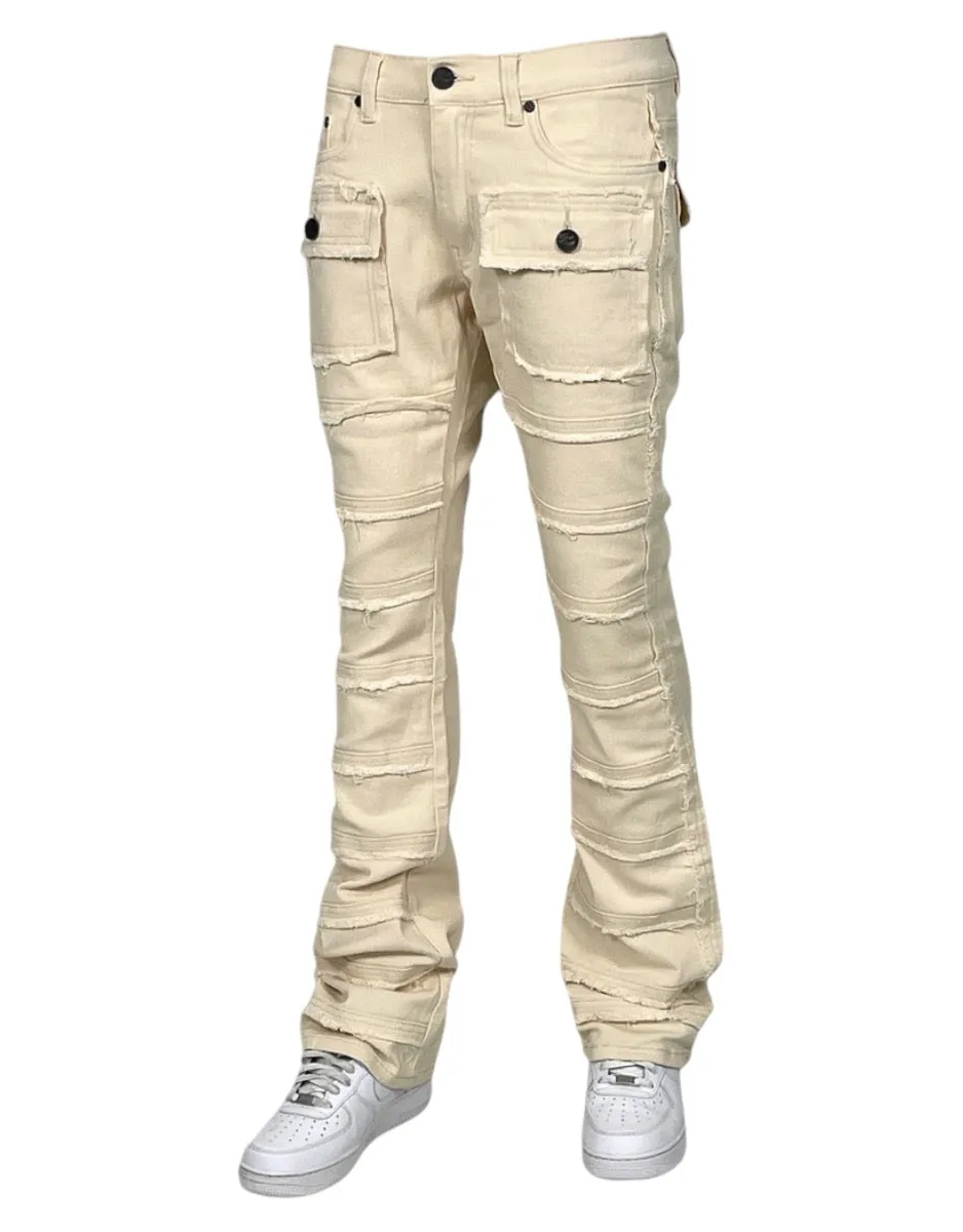 Bone Beige Stacked Jeans Men's Denim Pants Frayed Stack Fit with Pockets