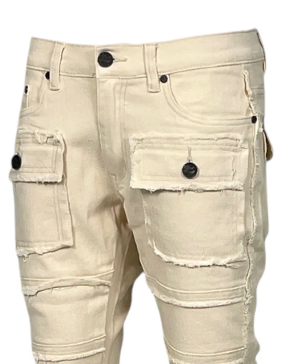 Bone Beige Stacked Jeans Men's Denim Pants Frayed Stack Fit with Pockets