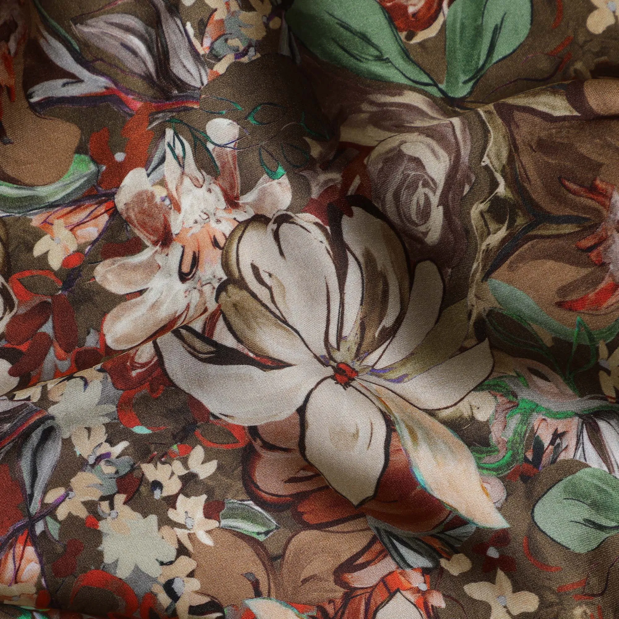 Brown Synthetic Modal Satin Fabric with Floral Print, 110 cm Width-D20959