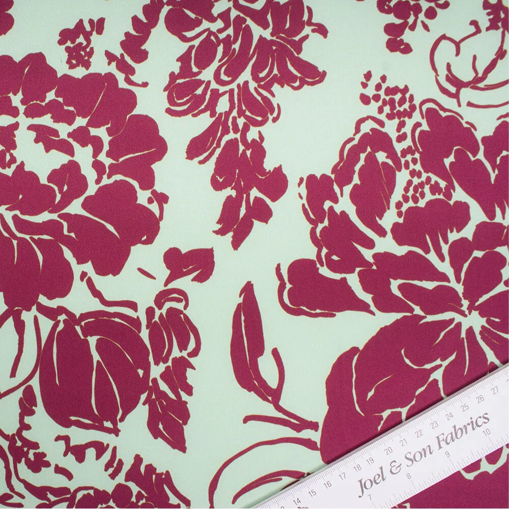 Burgundy/Mint Green Floral Silk Satin