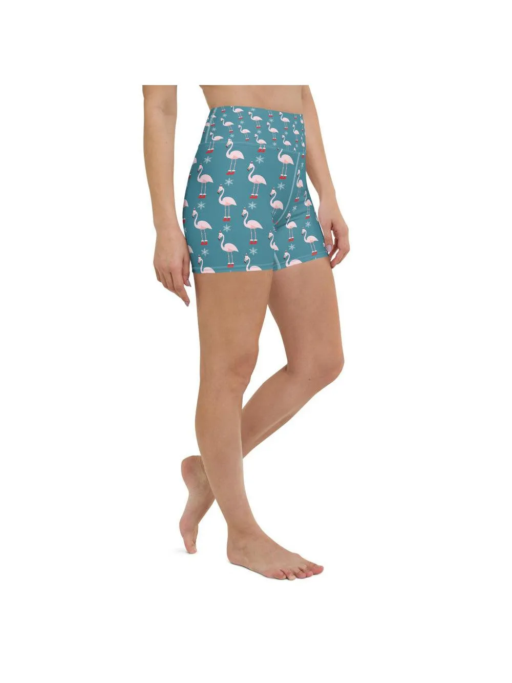 Christmas Flamingo Patterned Yoga Shorts