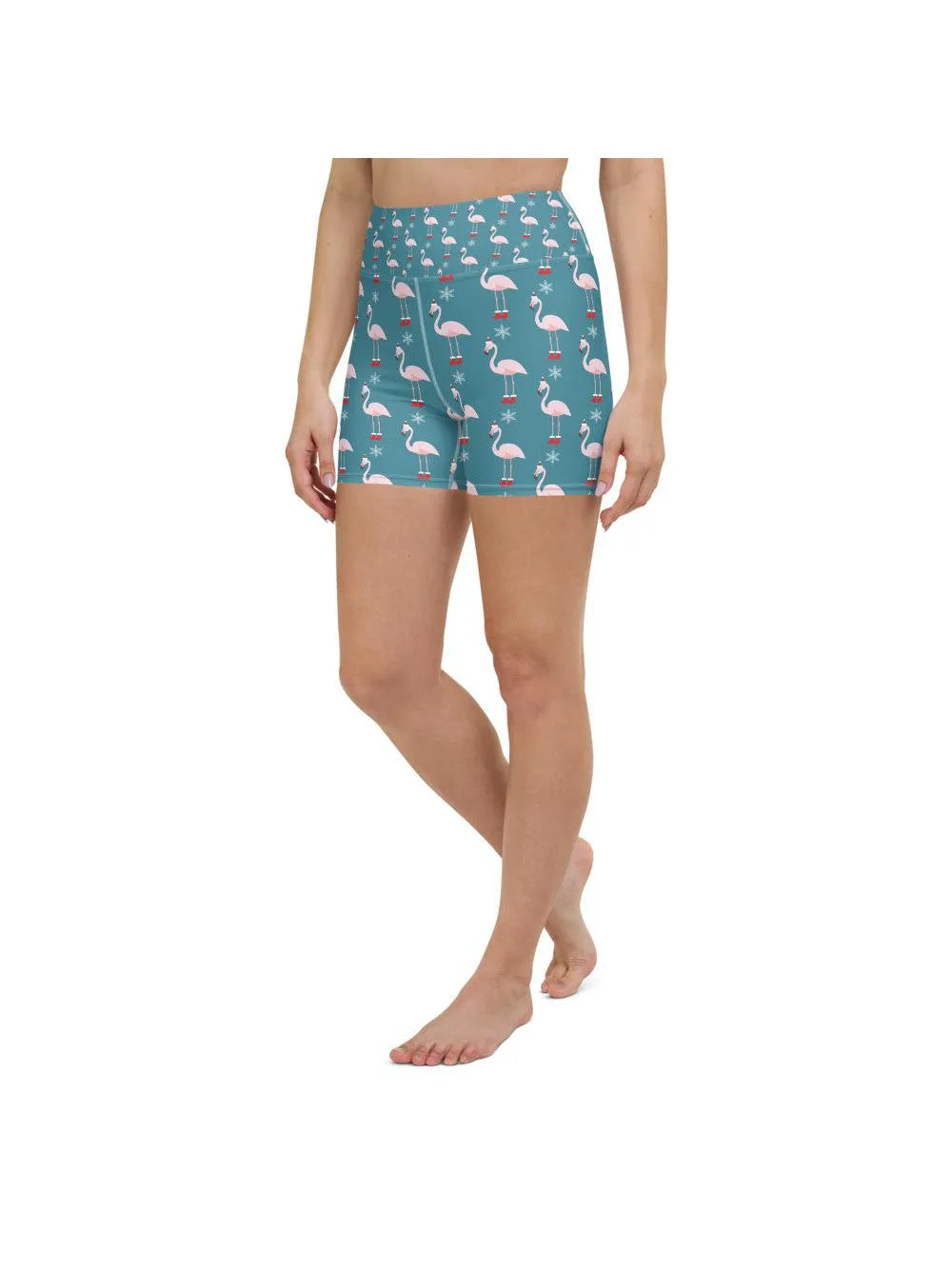 Christmas Flamingo Patterned Yoga Shorts