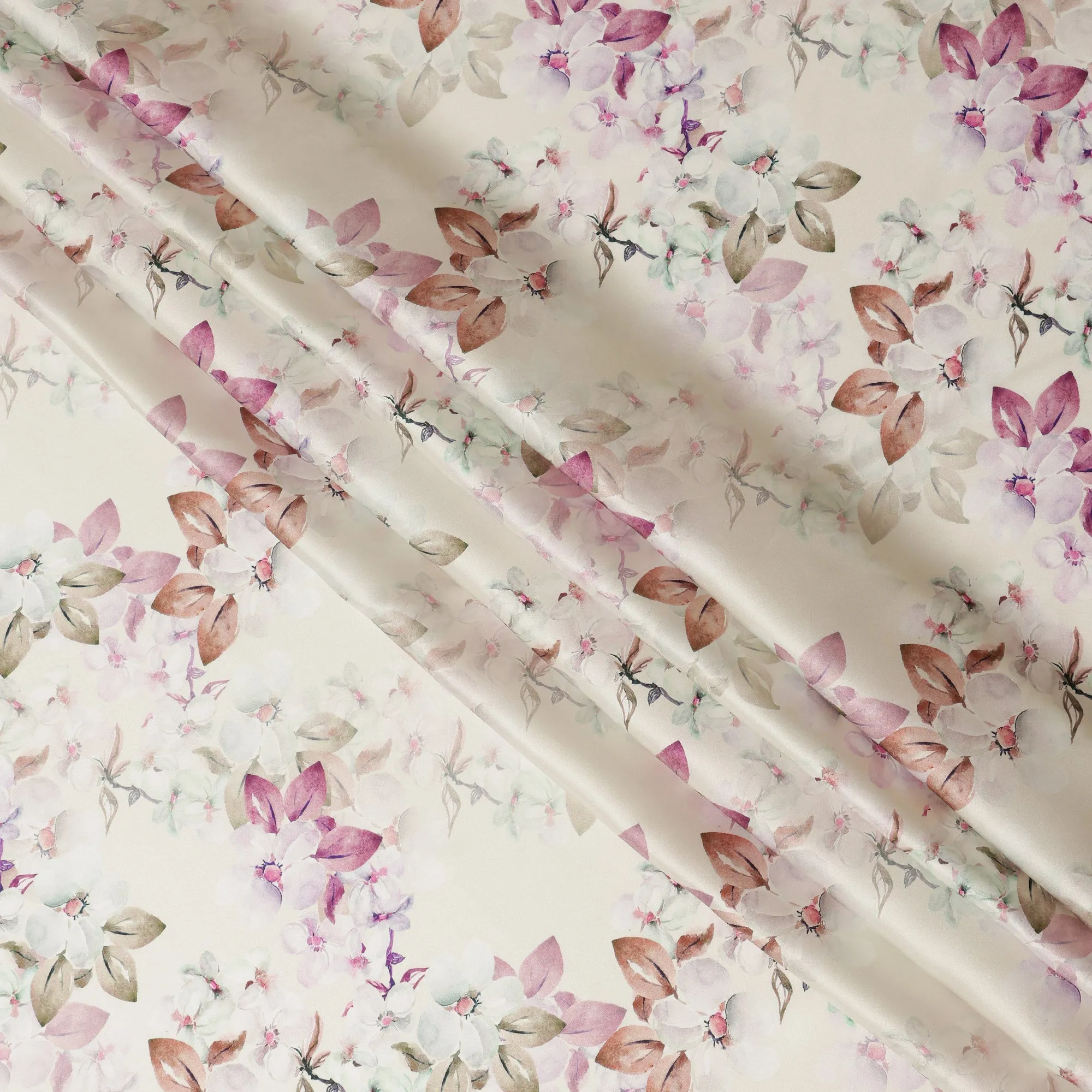 Cream Floral Pure Silk Satin Fabric - 140 cm Width, Made in Italy-D20728