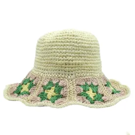 Crochet Bucket Hat Flower White-Green