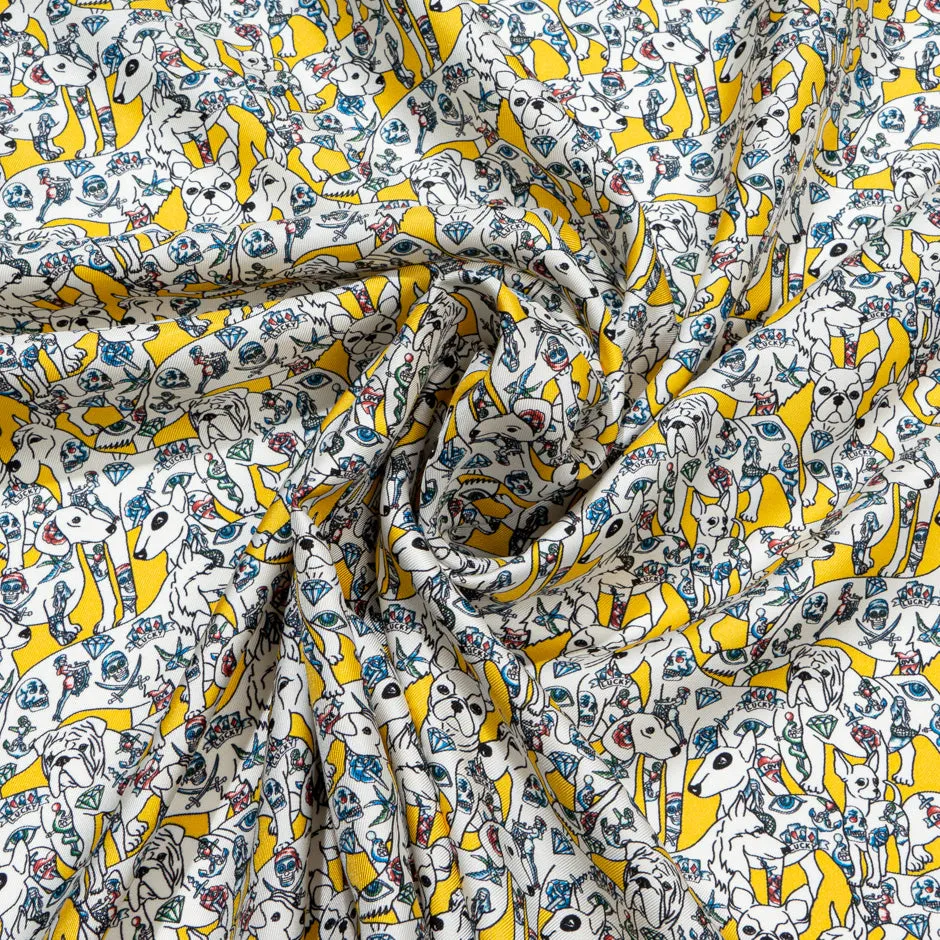 Dog Printed Canary Yellow Pure Silk Twill