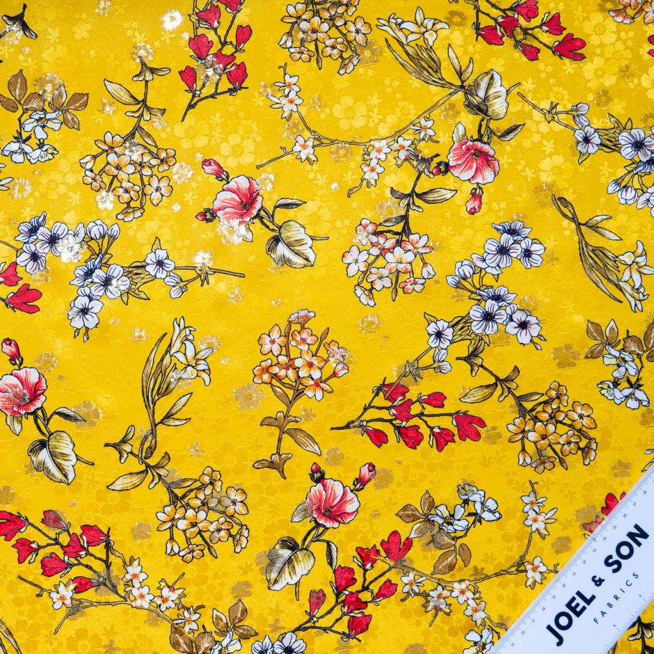 Floral Printed Deep Yellow Metallic Silk Jacquard