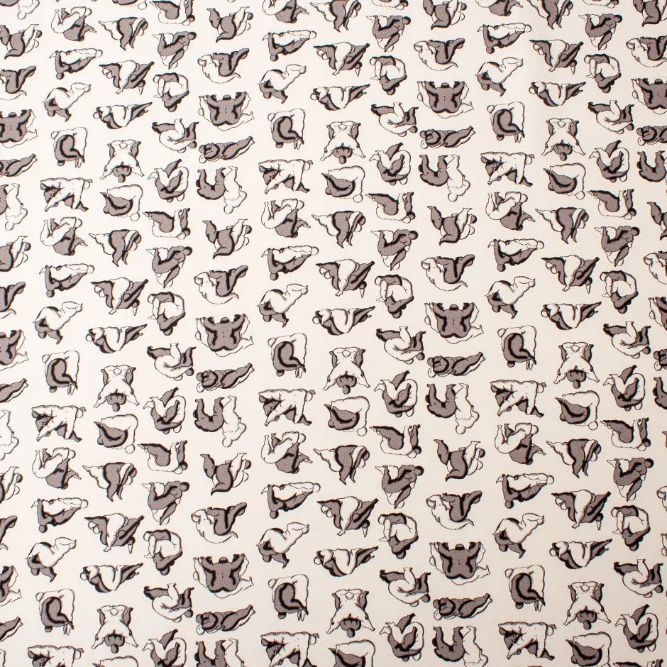 Grey & White Figures Printed White Silk Twill