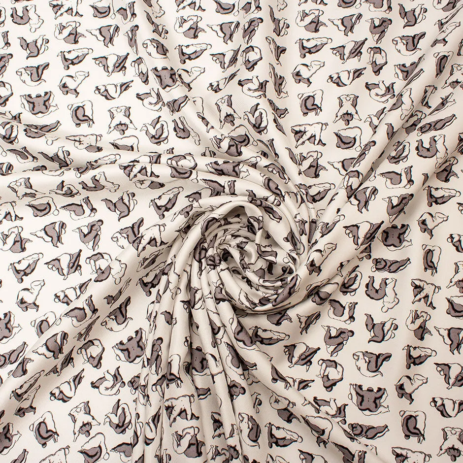 Grey & White Figures Printed White Silk Twill