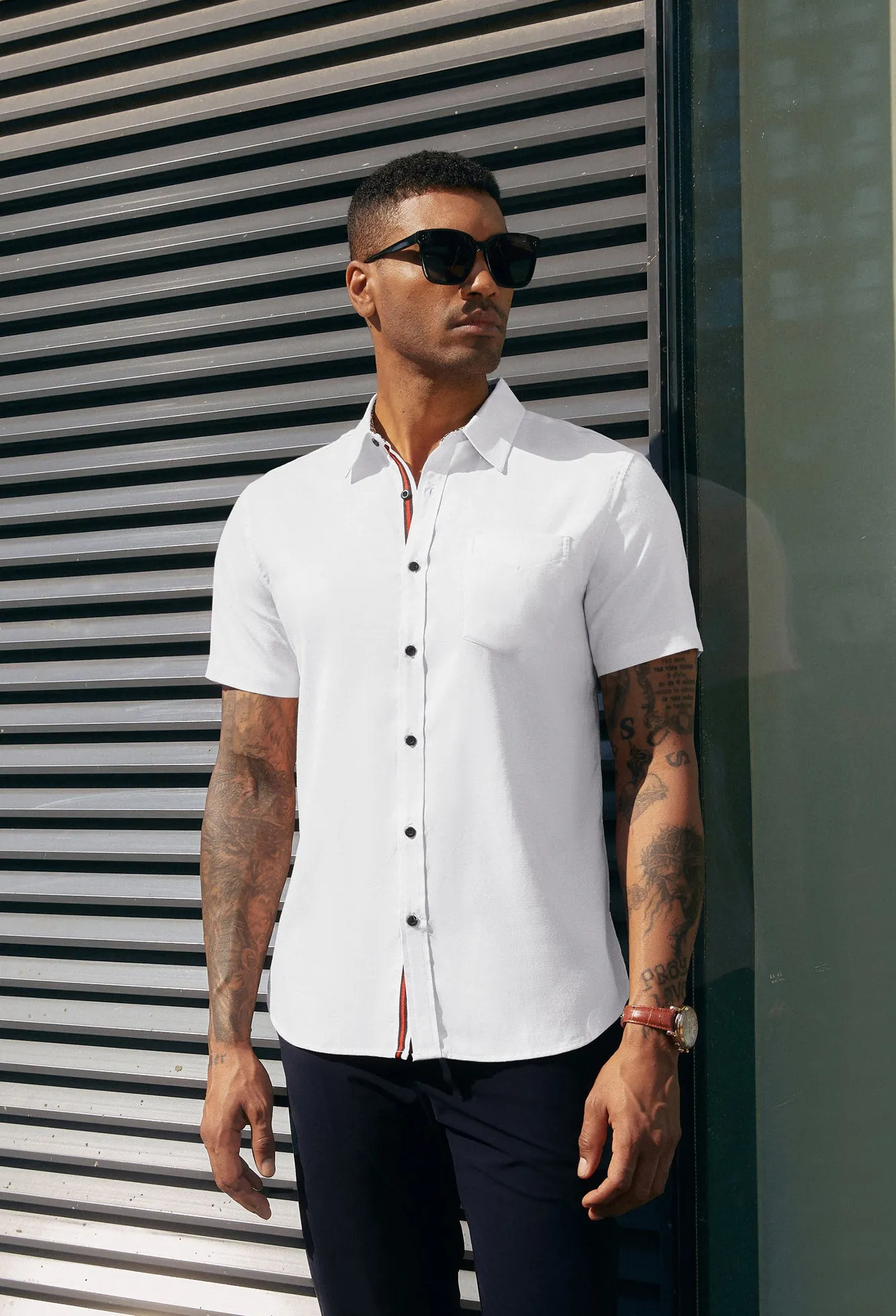 Men Basic Shirt Casual Short Sleeve Classic Collar Button-up Tops