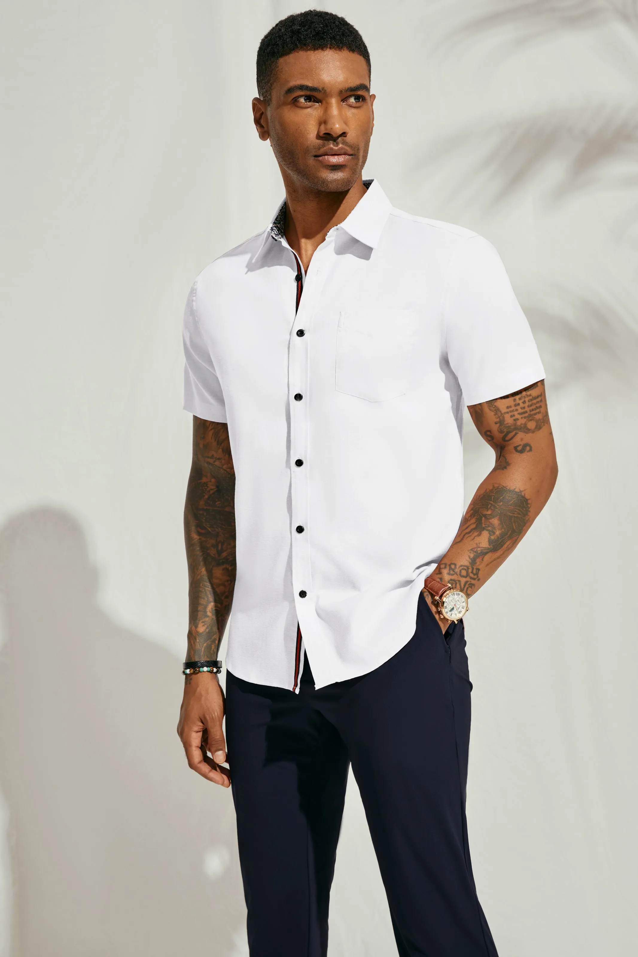 Men Basic Shirt Casual Short Sleeve Classic Collar Button-up Tops