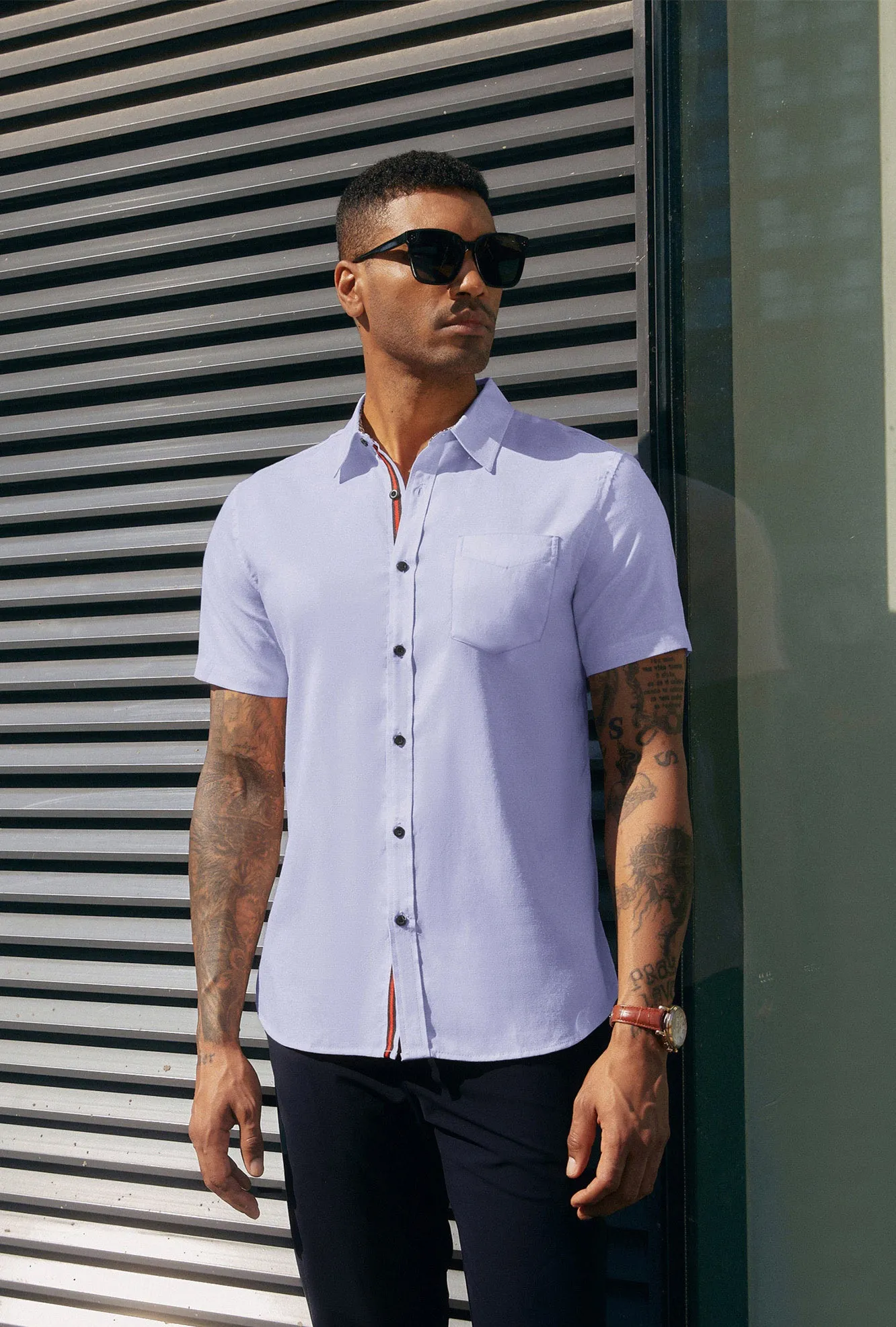 Men Basic Shirt Casual Short Sleeve Classic Collar Button-up Tops