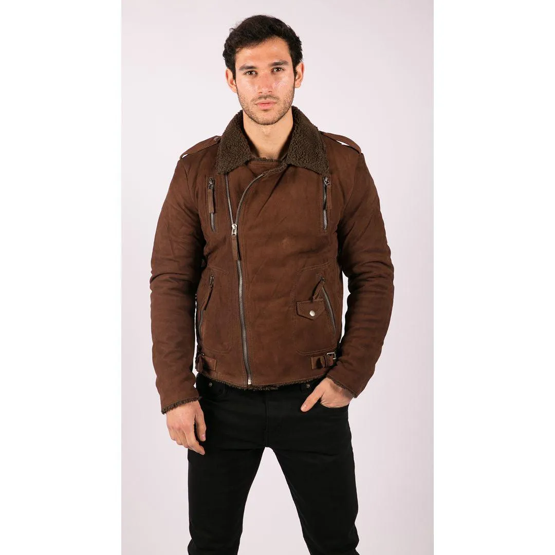 Mens Black Brown Cross Zip Real Leather Biker Jacket Fleece Lined Fitted Smart Casual