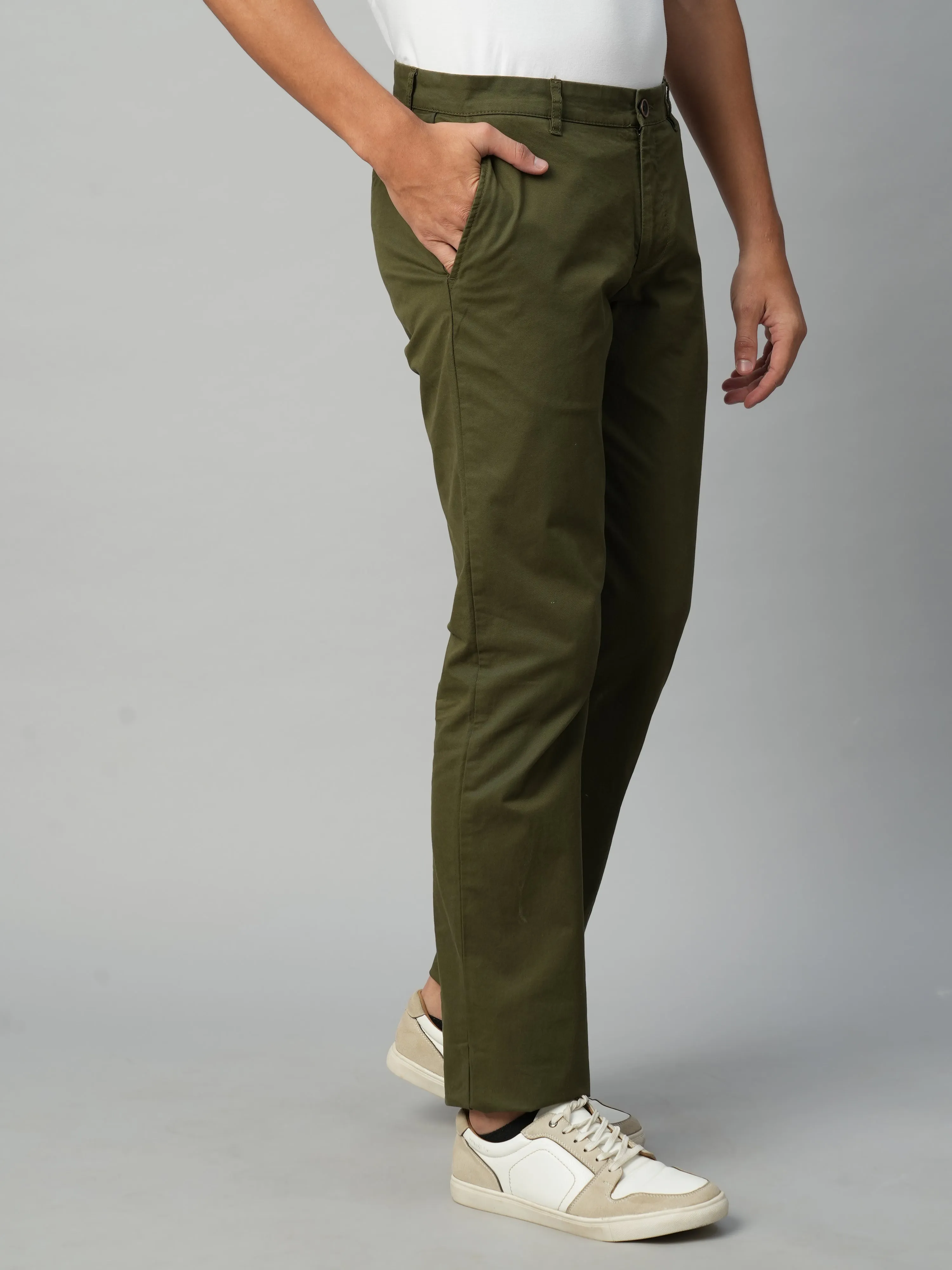 Men's Olive Cotton Lycra Regular Fit Pant