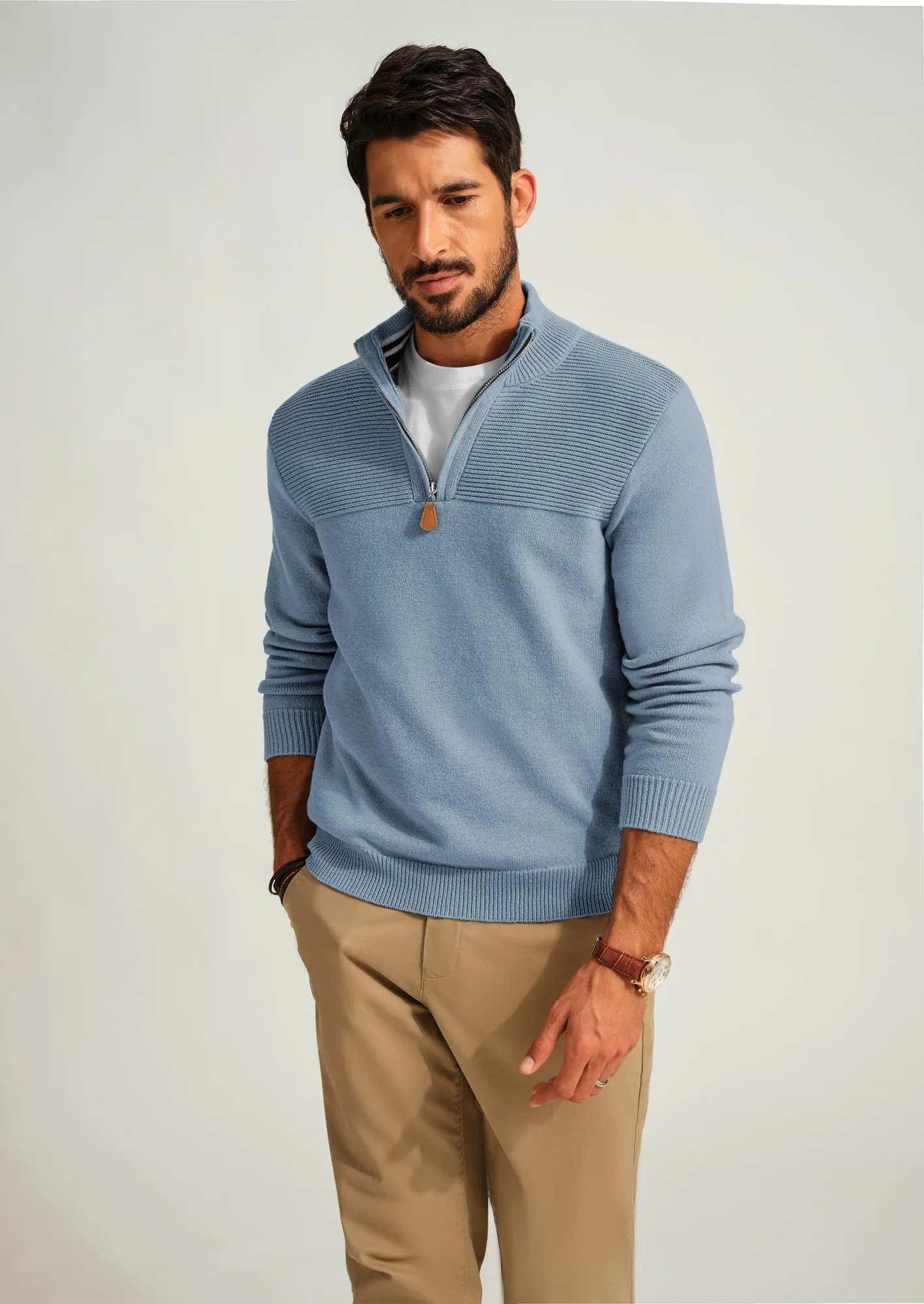 Men's Quarter Zip Sweater Slim Fit Casual Pullover Sweater Mock Neck Polo Sweaters