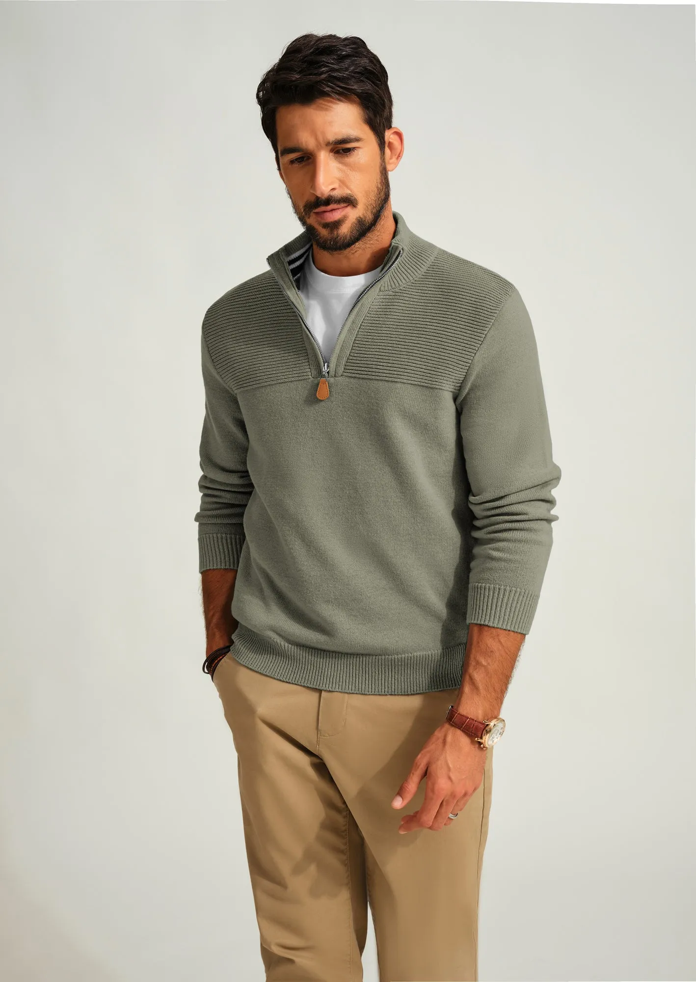 Men's Quarter Zip Sweater Slim Fit Casual Pullover Sweater Mock Neck Polo Sweaters