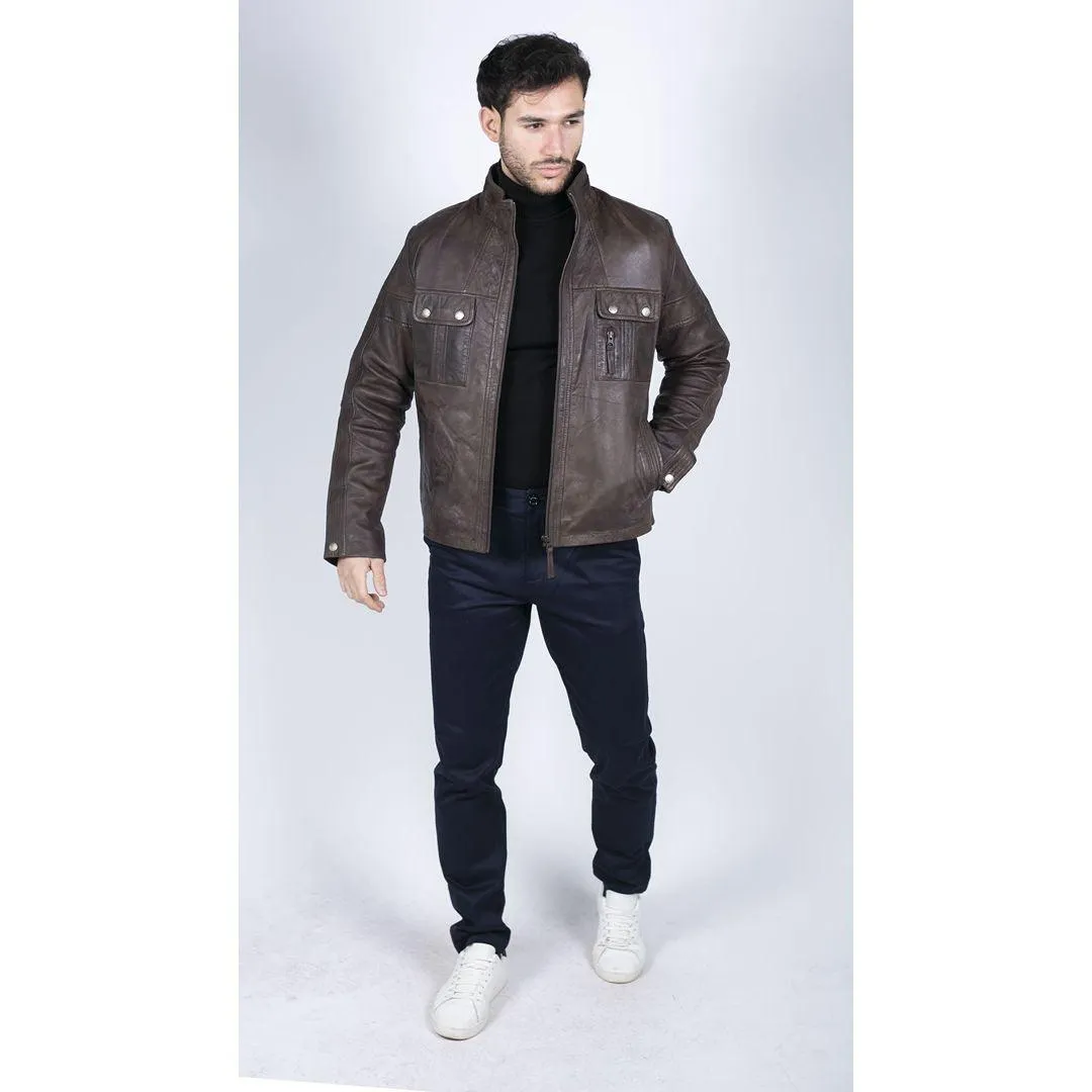 Mens Retro Real Leather Jacket Smart Casual High Collar Brown Vintage Look