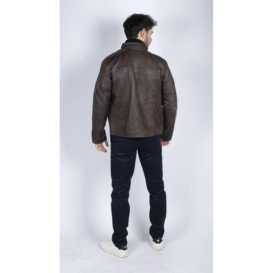 Mens Retro Real Leather Jacket Smart Casual High Collar Brown Vintage Look