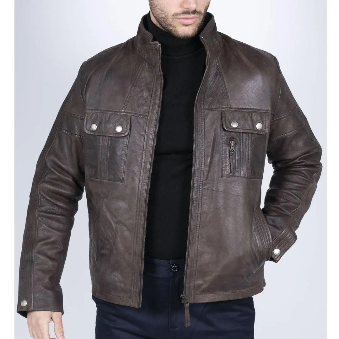 Mens Retro Real Leather Jacket Smart Casual High Collar Brown Vintage Look