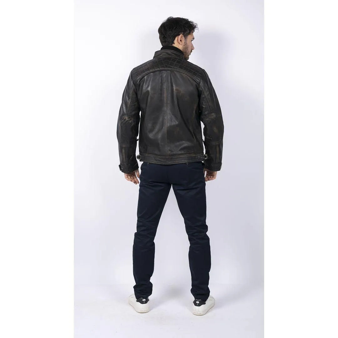 Mens Retro Style Zipped Biker Jacket Real Leather Soft Black Casual