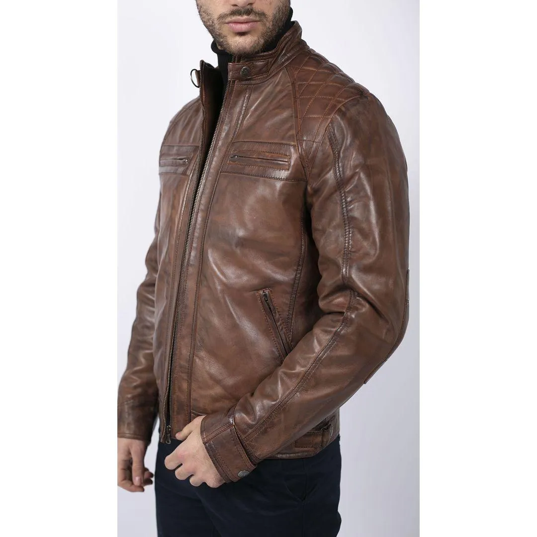 Mens Retro Style Zipped Biker Jacket Real Leather Soft Black Casual