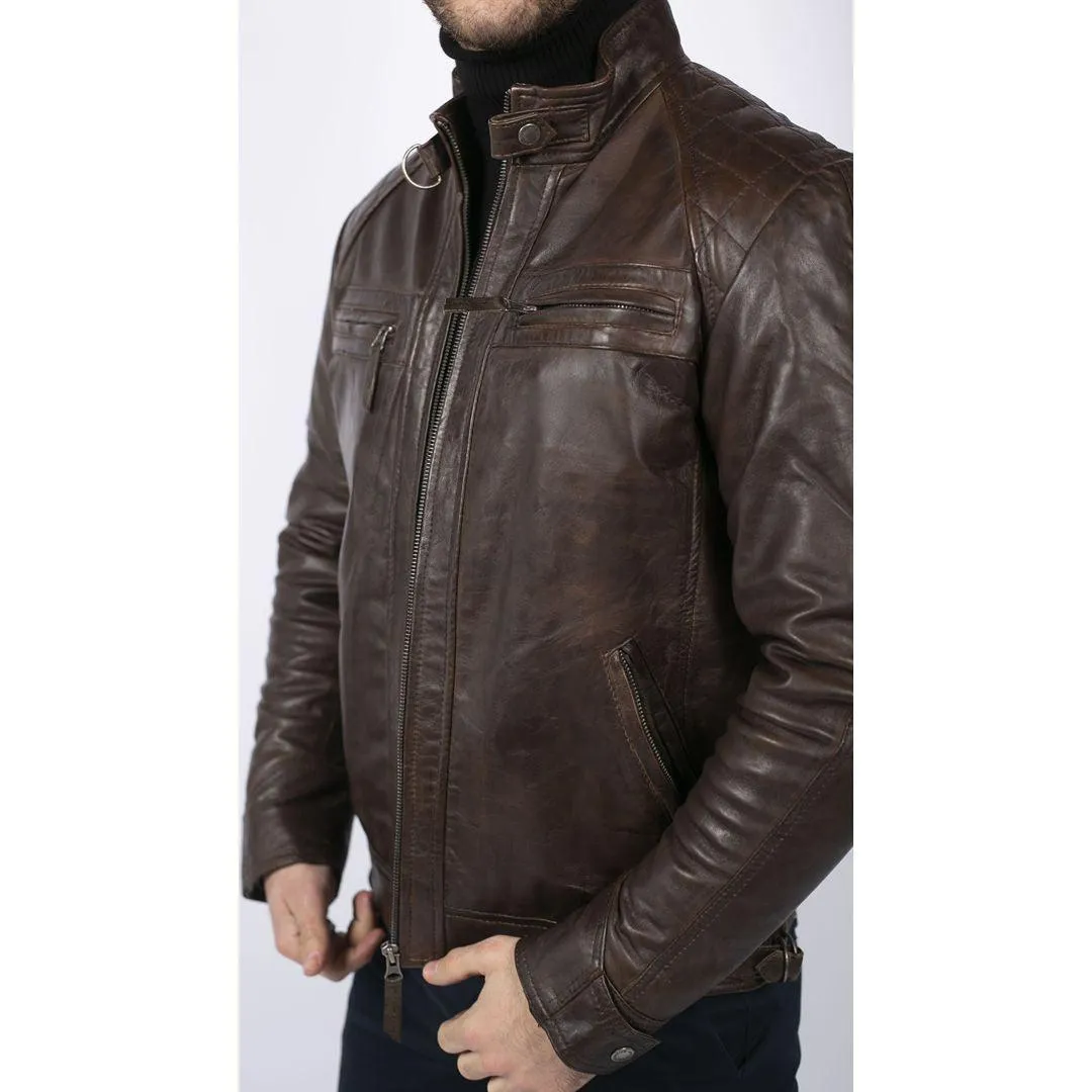 Mens Retro Style Zipped Biker Jacket Real Leather Soft Black Casual