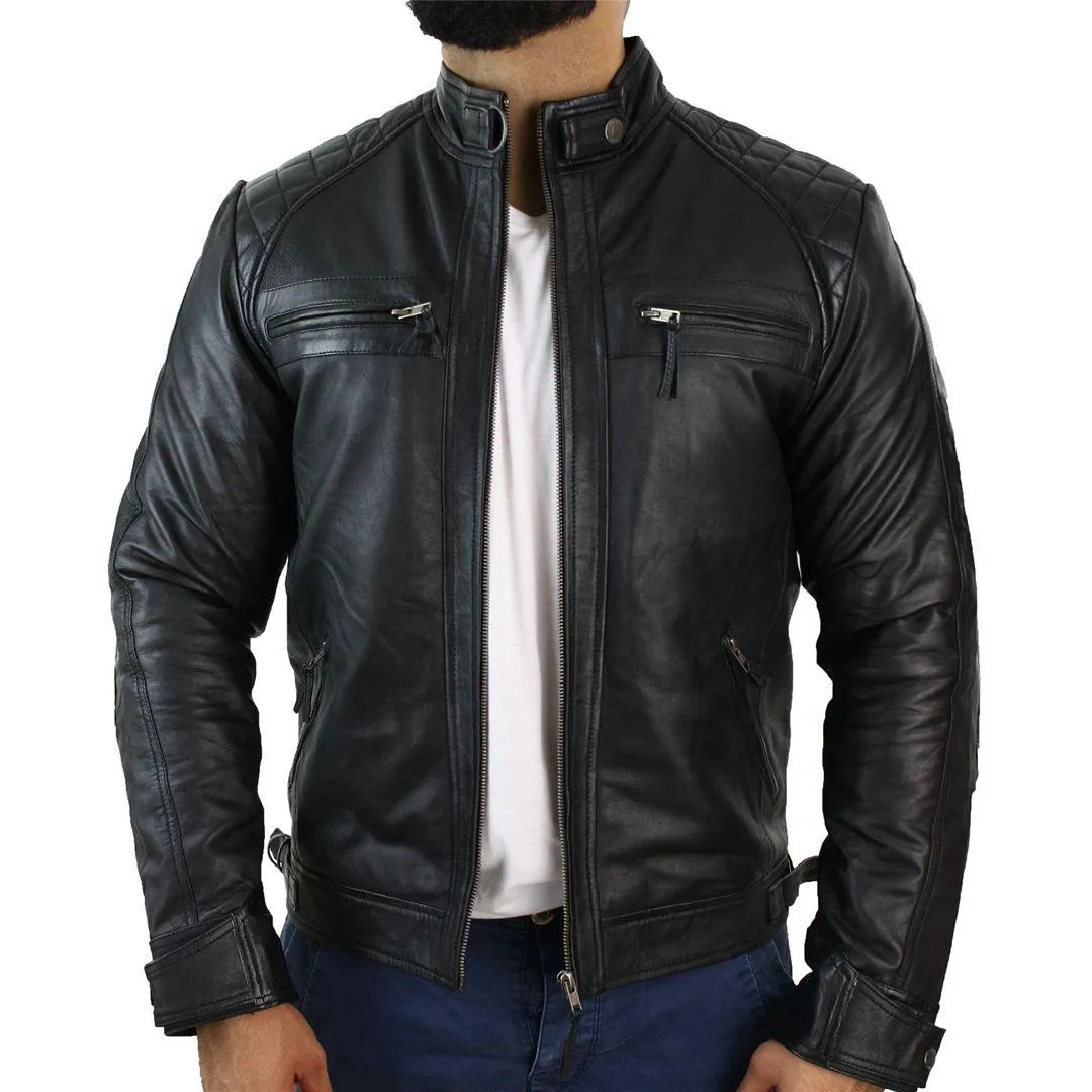 Mens Retro Style Zipped Biker Jacket Real Leather Soft Black Casual