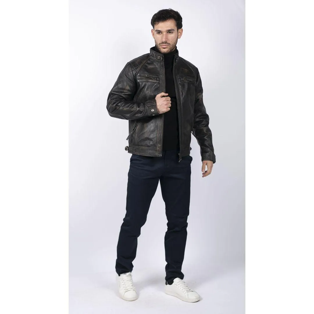 Mens Retro Style Zipped Biker Jacket Real Leather Soft Black Casual