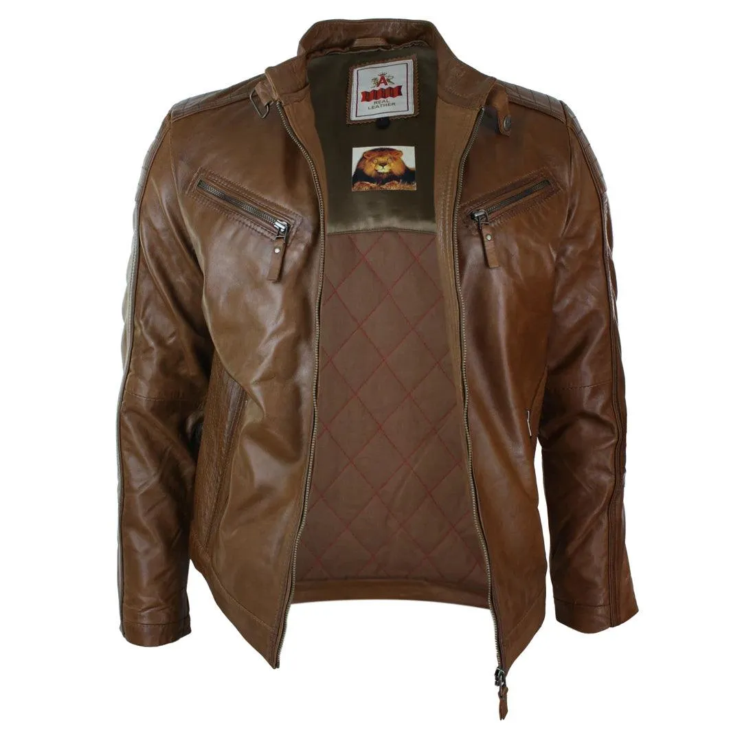 Mens Slim Fit Real Leather Vintage Retro Tan Brown Washed Biker Jacket Casual