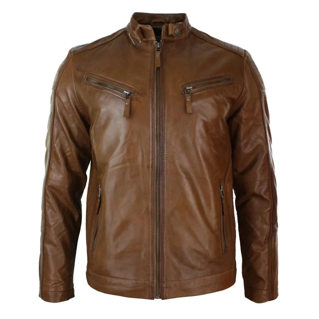 Mens Slim Fit Real Leather Vintage Retro Tan Brown Washed Biker Jacket Casual