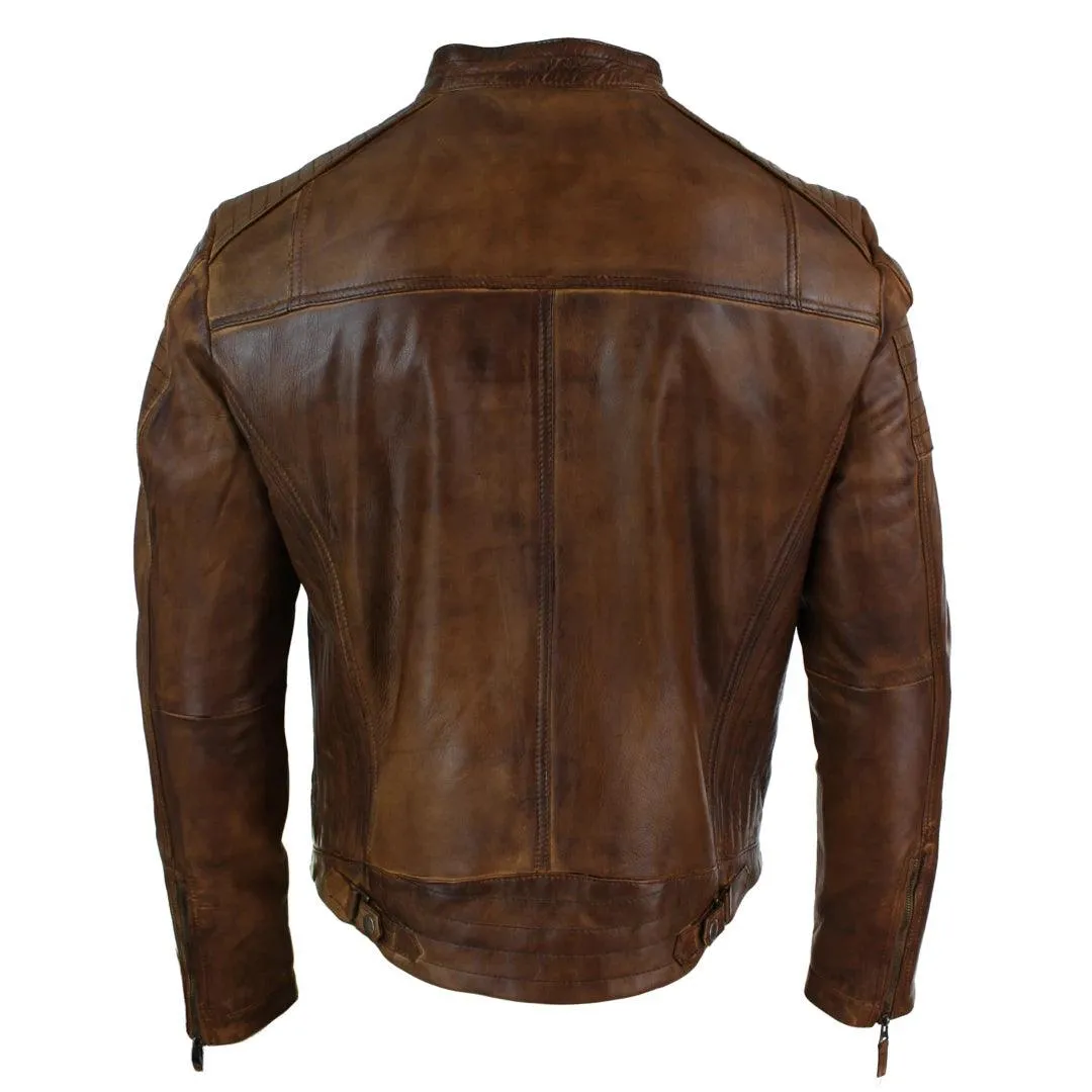 Mens Slim Fit Real Leather Vintage Retro Tan Brown Washed Biker Jacket Casual