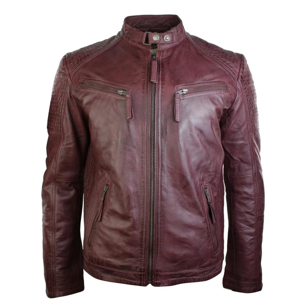 Mens Slim Fit Real Leather Vintage Retro Tan Brown Washed Biker Jacket Casual