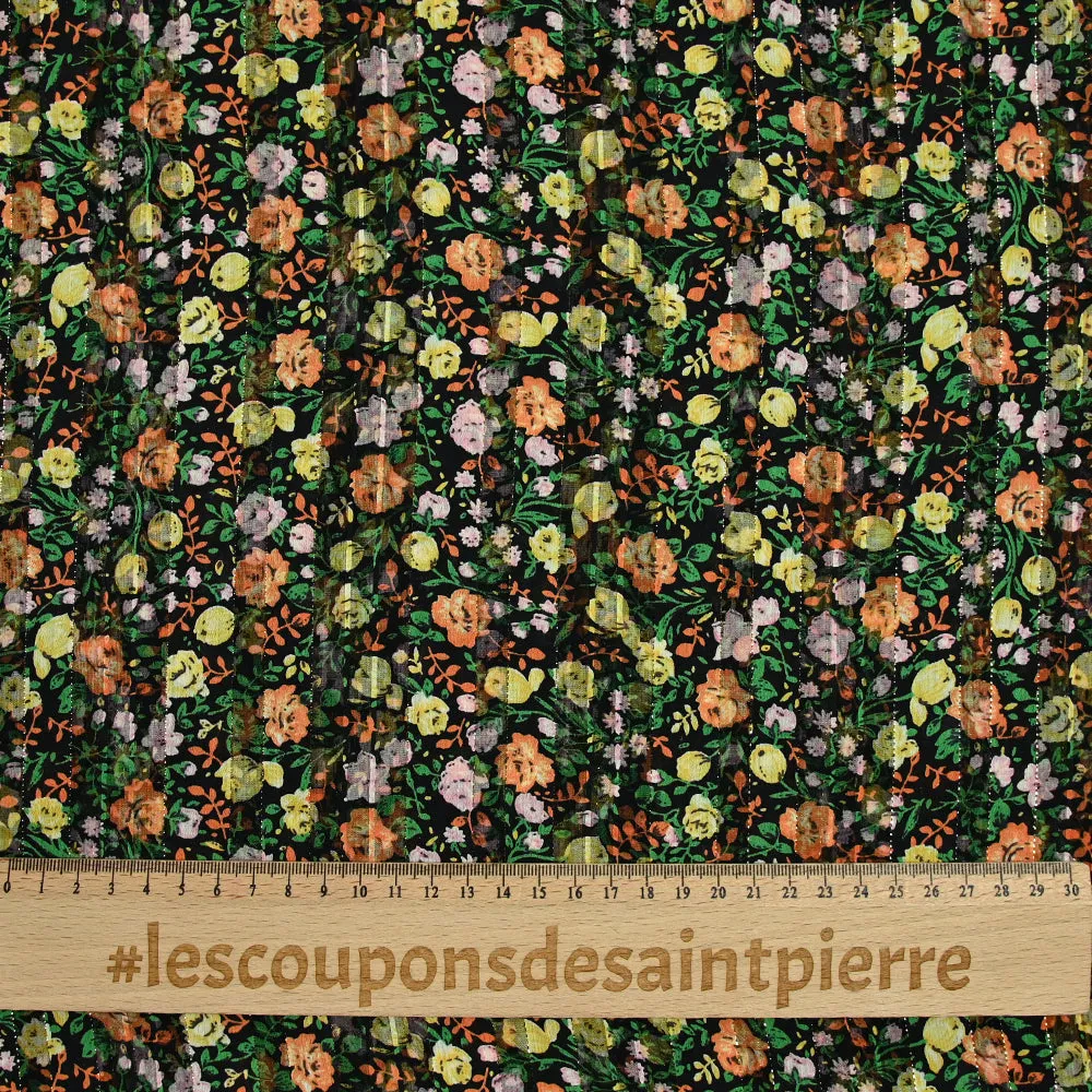 Mousseline imprimée bande satin fleurs jaune et orange fond noir