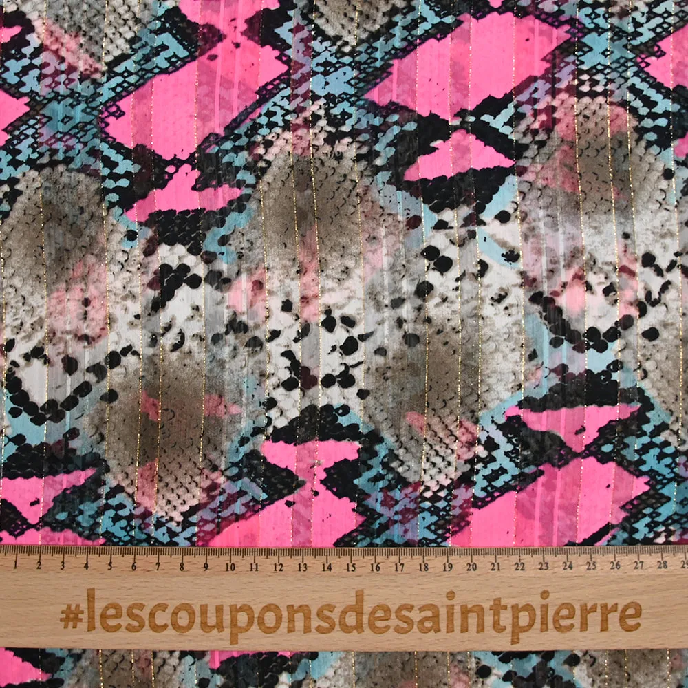 Mousseline imprimée bande satin serpent fluo rose