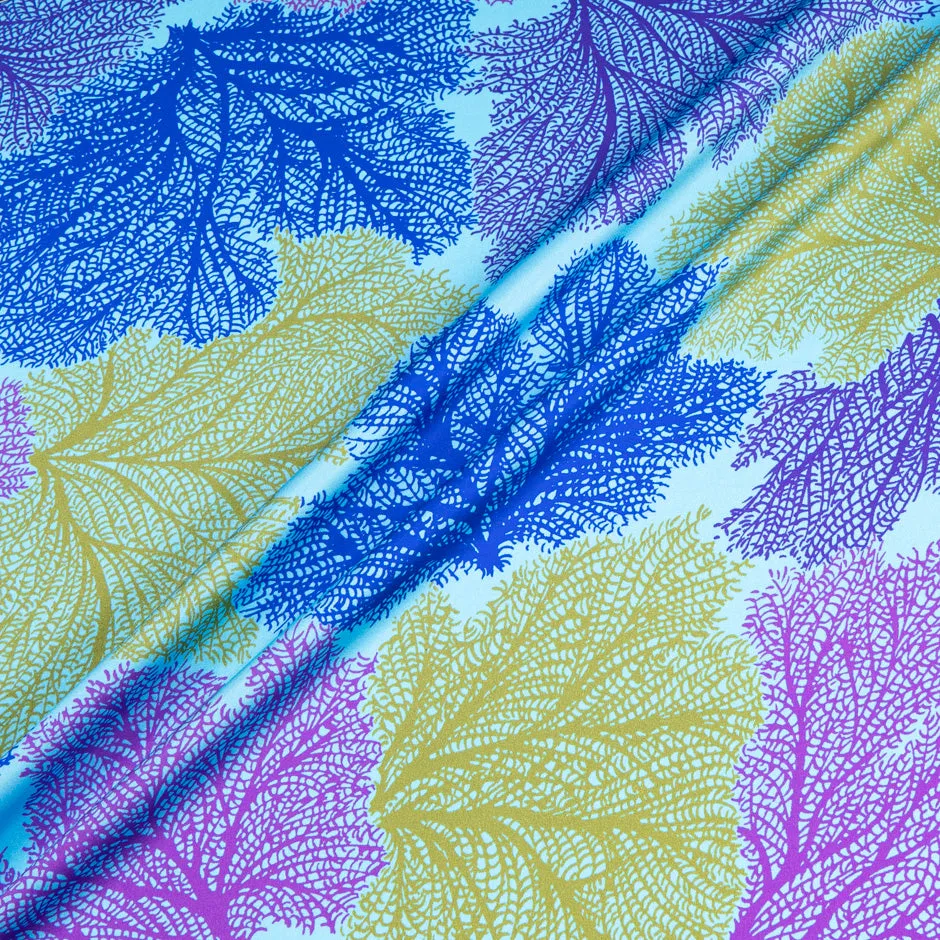 Multi-Coloured Leaf Printed Sky Blue Silk Satin