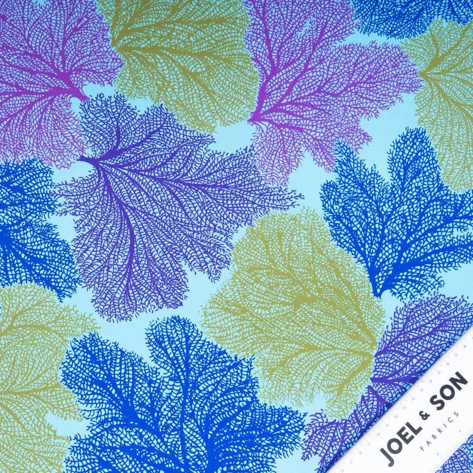 Multi-Coloured Leaf Printed Sky Blue Silk Satin